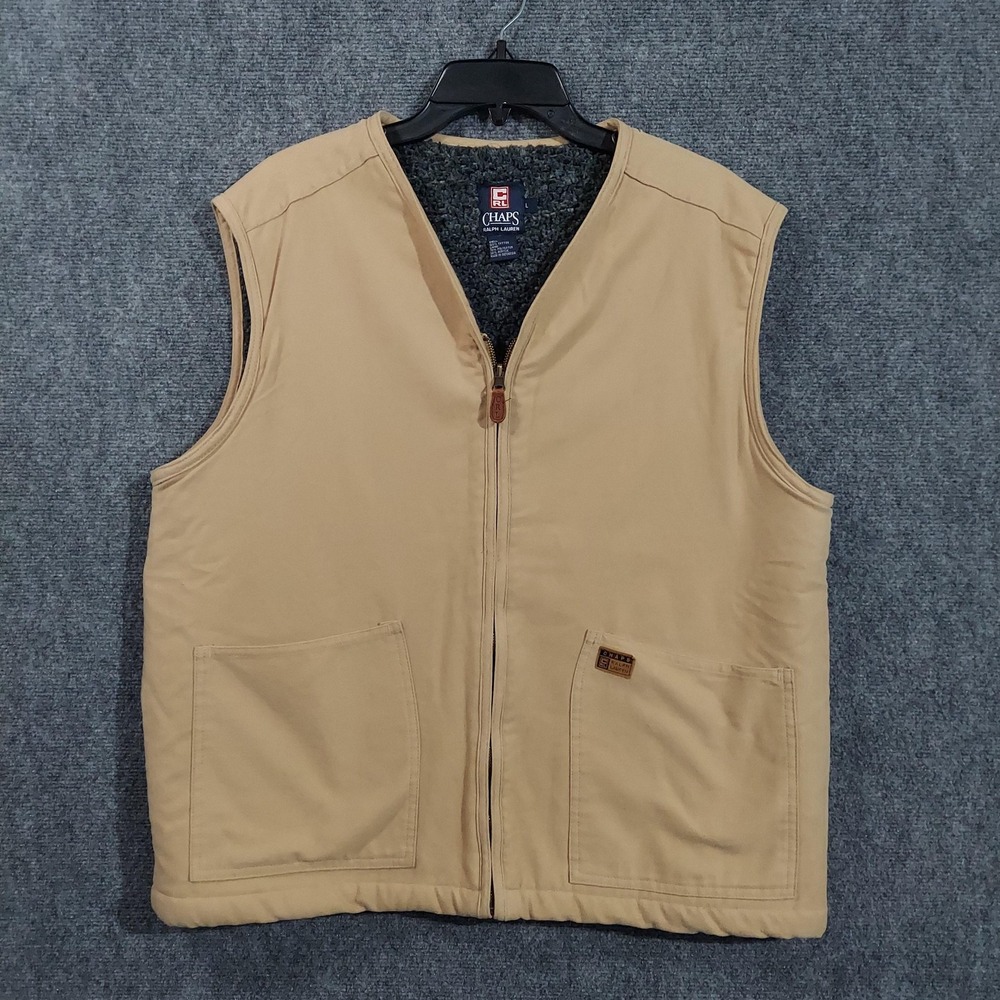 Vintage Chaps Ralph Lauren Vest Mens Large Tan Canvas Sherpa Lined Full Zip